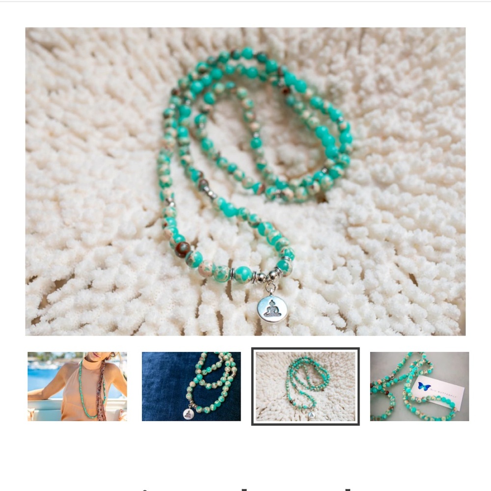 Turquoise Mala Bead necklace with charm by Blu Butterfly. 🦋